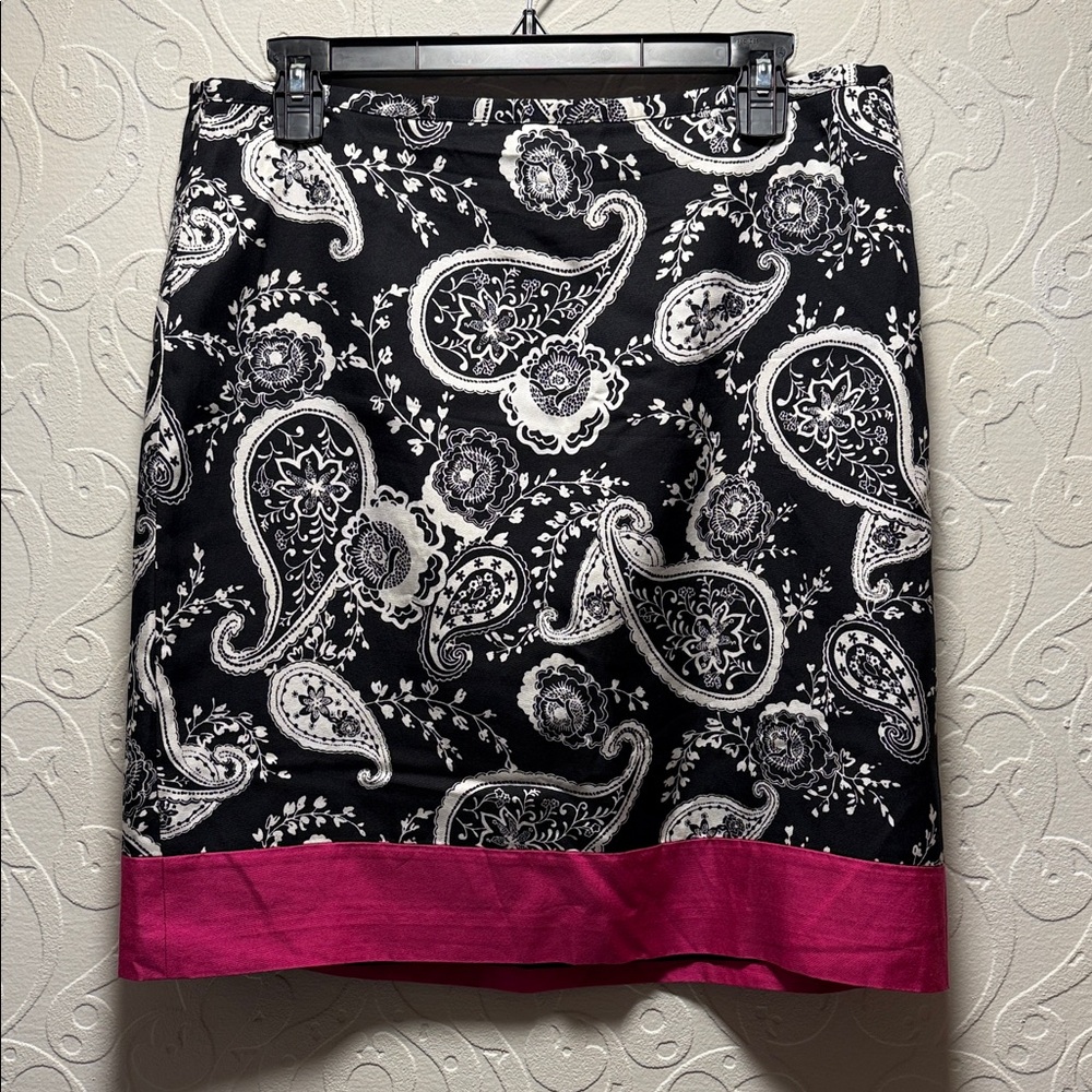 LOFT Black and White Paisley Skirt with Pink Hem